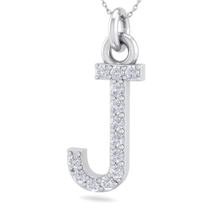 Letter J Diamond Initial Necklace In 14 Karat White Gold With 13 Diamonds