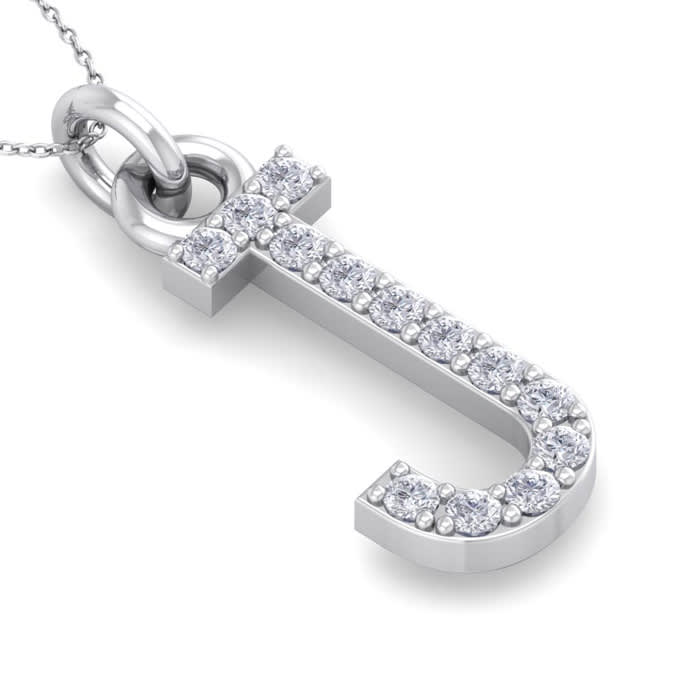 Letter J Diamond Initial Necklace In 14 Karat White Gold With 13 Diamonds