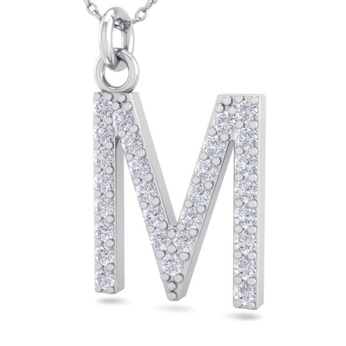 Letter M Diamond Initial Necklace In 14 Karat White Gold With 29 Diamonds