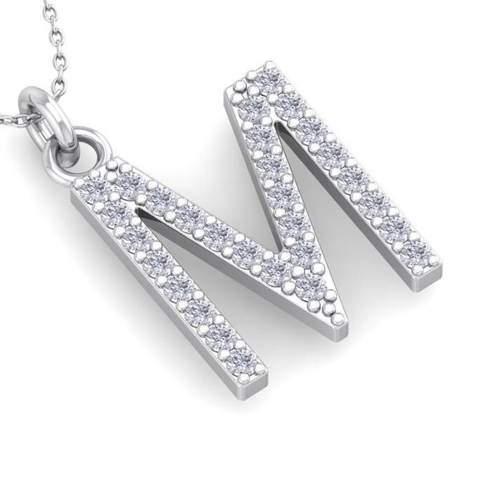 Letter M Diamond Initial Necklace In 14 Karat White Gold With 29 Diamonds
