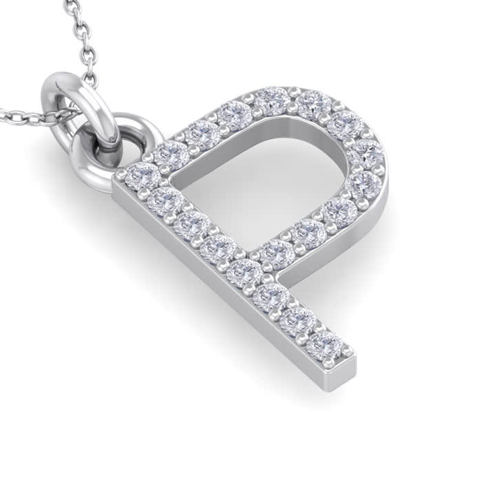 Letter P Diamond Initial Necklace In 14 Karat White Gold With 19 Diamonds