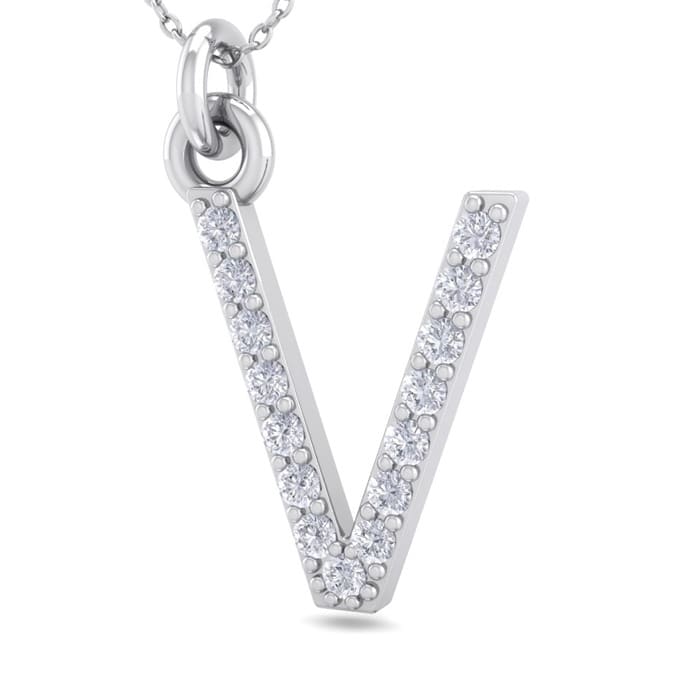Letter V Diamond Initial Necklace In 14 Karat White Gold With 15 Diamonds