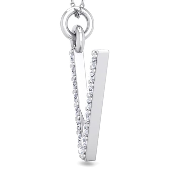 Letter V Diamond Initial Necklace In 14 Karat White Gold With 15 Diamonds