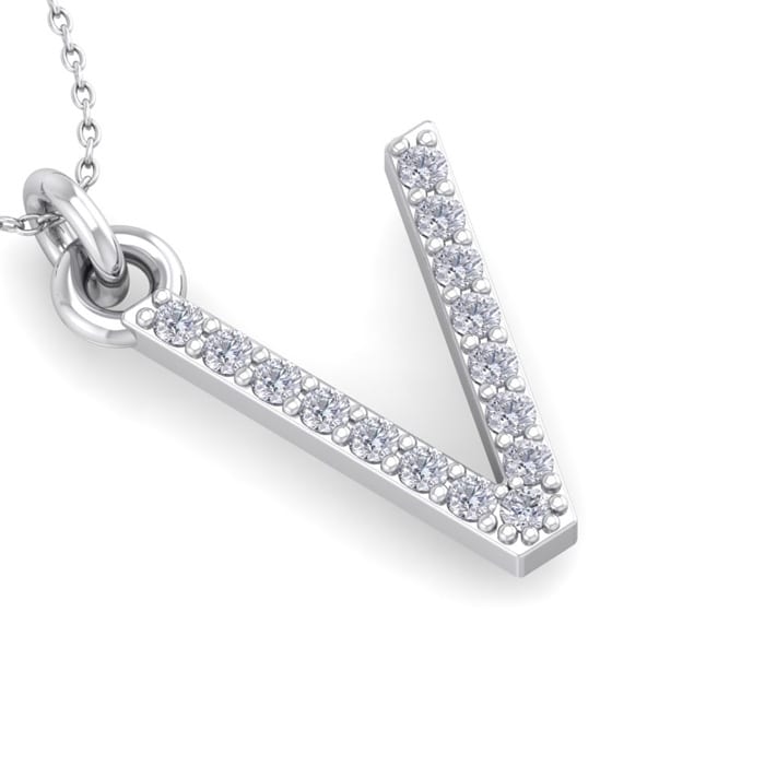 Letter V Diamond Initial Necklace In 14 Karat White Gold With 15 Diamonds