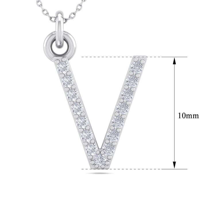 Letter V Diamond Initial Necklace In 14 Karat White Gold With 15 Diamonds