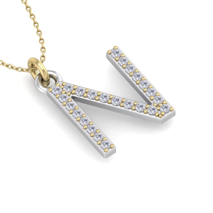 Letter N Diamond Initial Necklace In 14 Karat Yellow Gold With 24 Diamonds