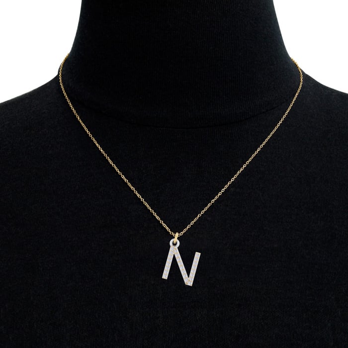 Letter N Diamond Initial Necklace In 14 Karat Yellow Gold With 24 Diamonds
