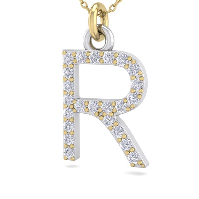 Letter R Diamond Initial Necklace In 14 Karat Yellow Gold With 23 Diamonds