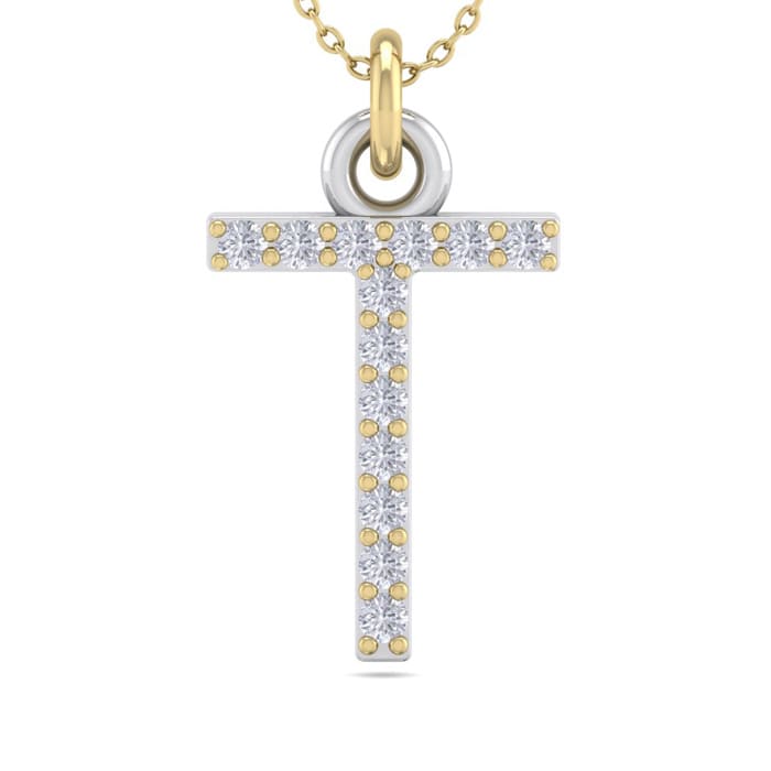 Letter T Diamond Initial Necklace In 14 Karat Yellow Gold With 13 Diamonds