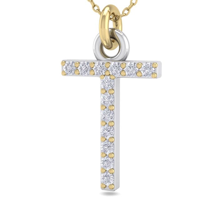 Letter T Diamond Initial Necklace In 14 Karat Yellow Gold With 13 Diamonds