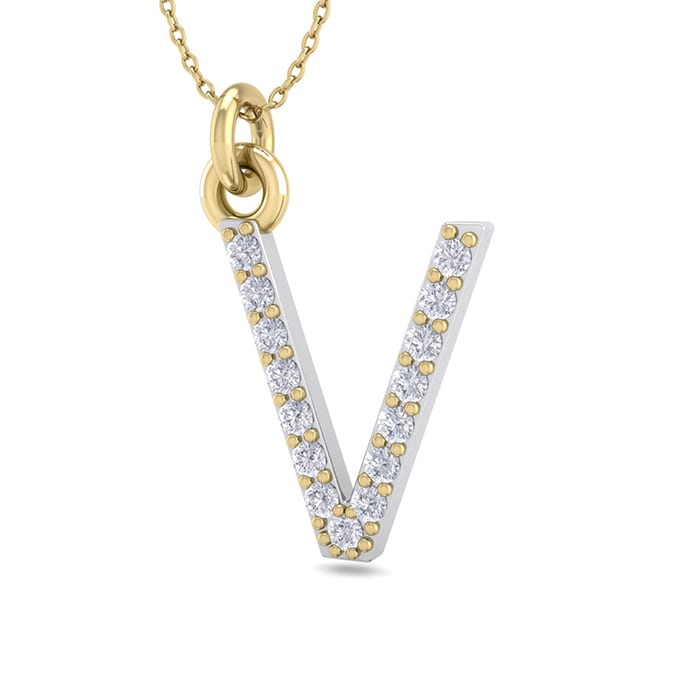 Letter V Diamond Initial Necklace In 14 Karat Yellow Gold With 15 Diamonds