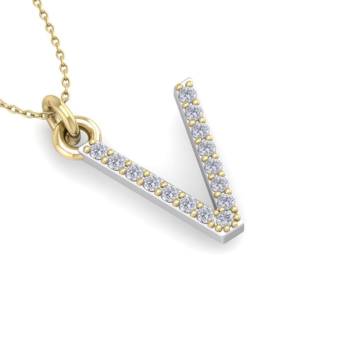 Letter V Diamond Initial Necklace In 14 Karat Yellow Gold With 15 Diamonds