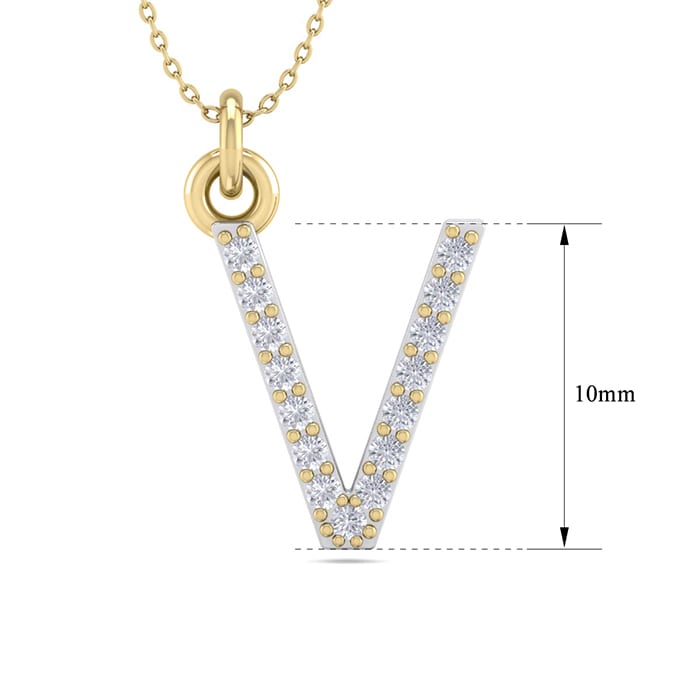 Letter V Diamond Initial Necklace In 14 Karat Yellow Gold With 15 Diamonds
