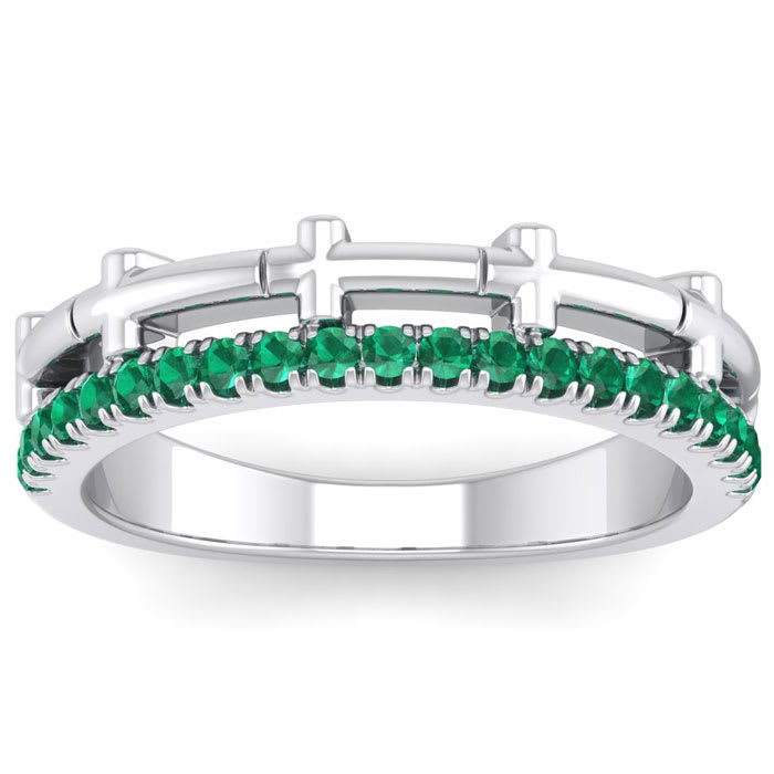 1/3 Carat Emerald Cross Wedding Band In 14 Karat White Gold