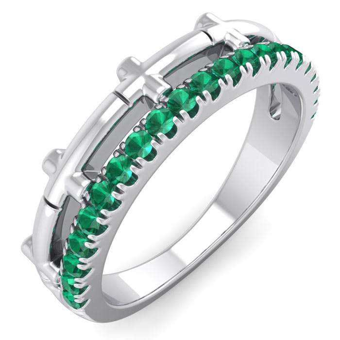 1/3 Carat Emerald Cross Wedding Band In 14 Karat White Gold