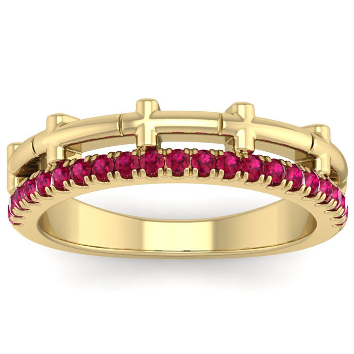 1/3 Carat Ruby Cross Wedding Band In 14 Karat Yellow Gold