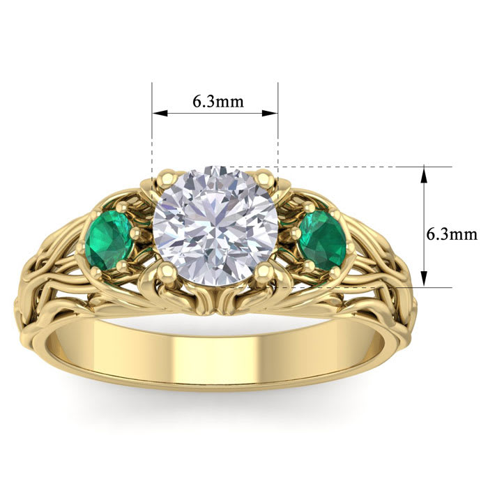 1 1/4 Carat Round Shape Diamond and Emerald Vine Engagement Ring In 14 Karat Yellow Gold