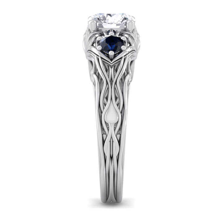 1 1/4 Carat Round Shape Diamond and Sapphire Vine Engagement Ring In 14 Karat White Gold