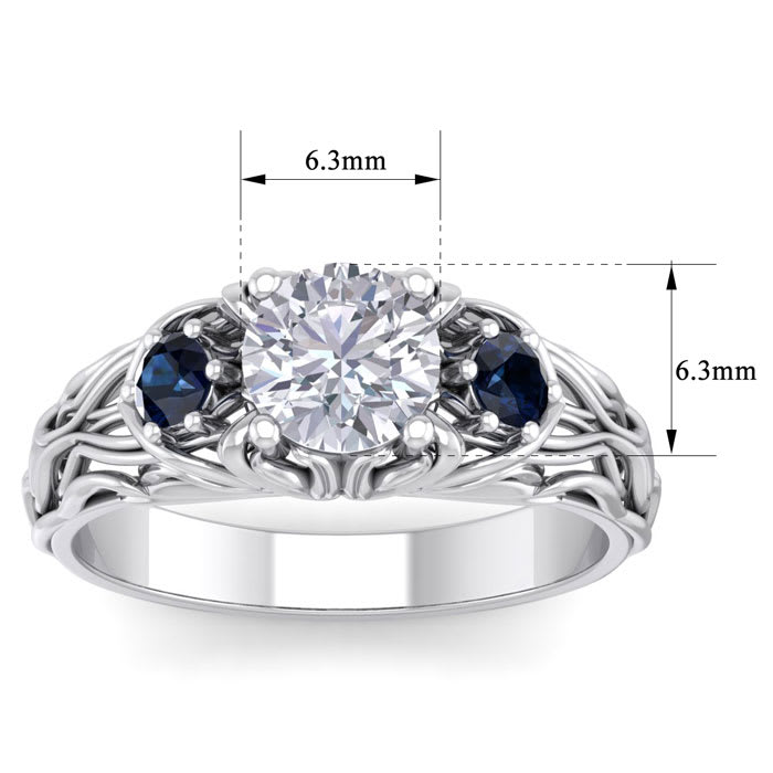 1 1/4 Carat Round Shape Diamond and Sapphire Vine Engagement Ring In 14 Karat White Gold