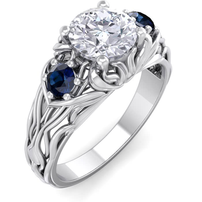 1 1/4 Carat Round Shape Diamond and Sapphire Vine Engagement Ring In 14 Karat White Gold