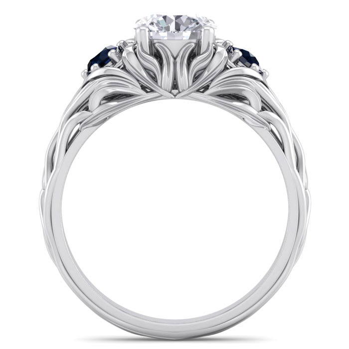 1 1/4 Carat Round Shape Diamond and Sapphire Vine Engagement Ring In 14 Karat White Gold