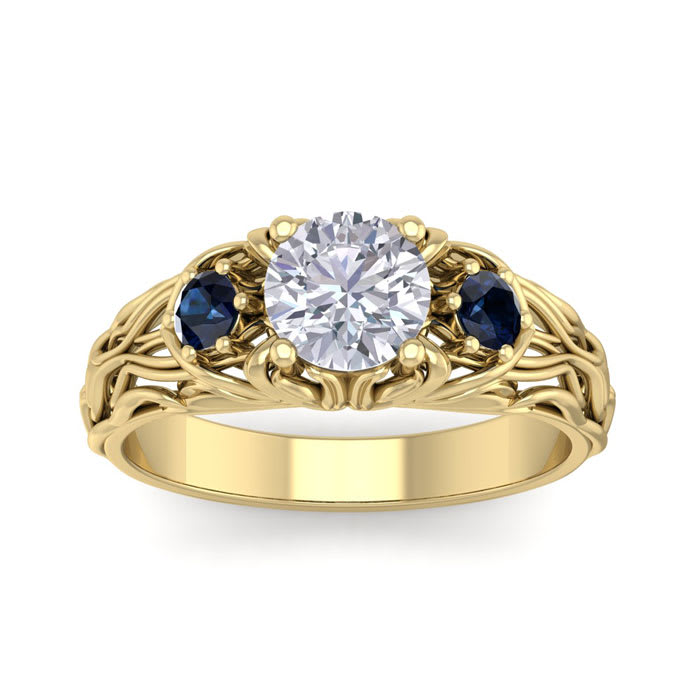 1 1/4 Carat Round Shape Diamond and Sapphire Vine Engagement Ring In 14 Karat Yellow Gold