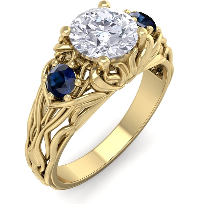 1 1/4 Carat Round Shape Diamond and Sapphire Vine Engagement Ring In 14 Karat Yellow Gold