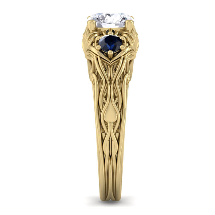 1 1/4 Carat Round Shape Diamond and Sapphire Vine Engagement Ring In 14 Karat Yellow Gold