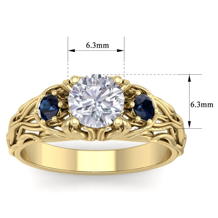 1 1/4 Carat Round Shape Diamond and Sapphire Vine Engagement Ring In 14 Karat Yellow Gold