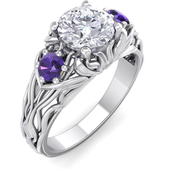 1 1/4 Carat Round Shape Diamond and Amethyst Vine Engagement Ring In 14 Karat White Gold