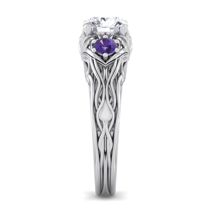 1 1/4 Carat Round Shape Diamond and Amethyst Vine Engagement Ring In 14 Karat White Gold