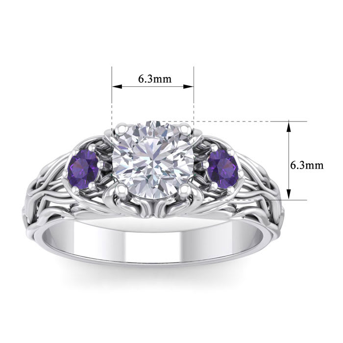 1 1/4 Carat Round Shape Diamond and Amethyst Vine Engagement Ring In 14 Karat White Gold