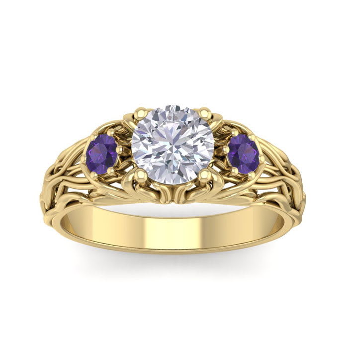 1 1/4 Carat Round Shape Diamond and Amethyst Vine Engagement Ring In 14 Karat Yellow Gold