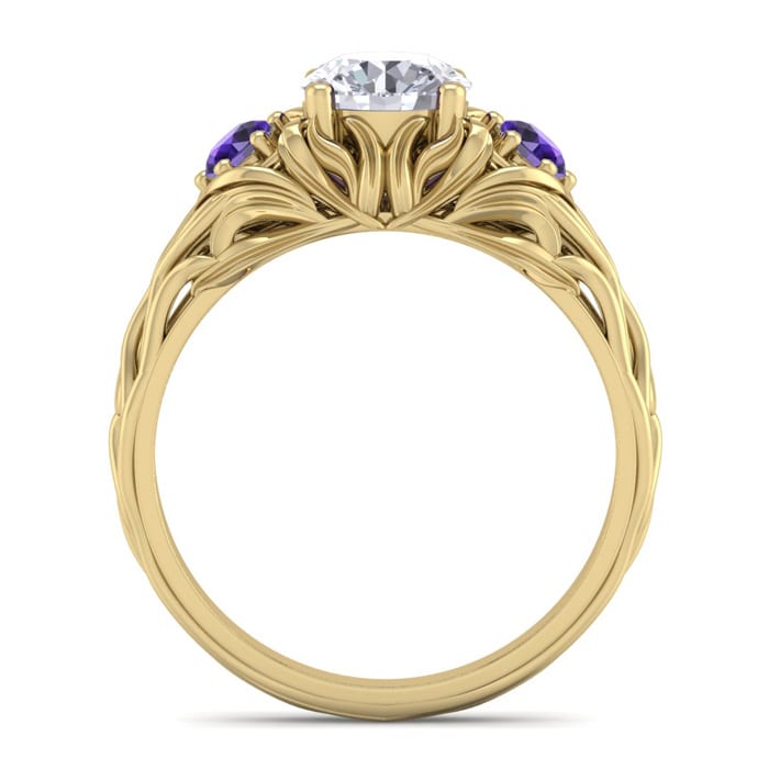 1 1/4 Carat Round Shape Diamond and Amethyst Vine Engagement Ring In 14 Karat Yellow Gold