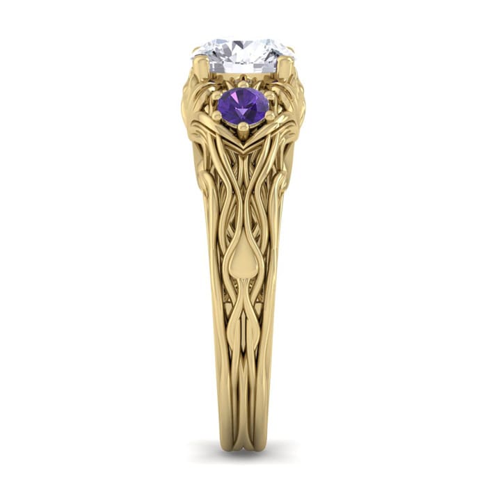 1 1/4 Carat Round Shape Diamond and Amethyst Vine Engagement Ring In 14 Karat Yellow Gold