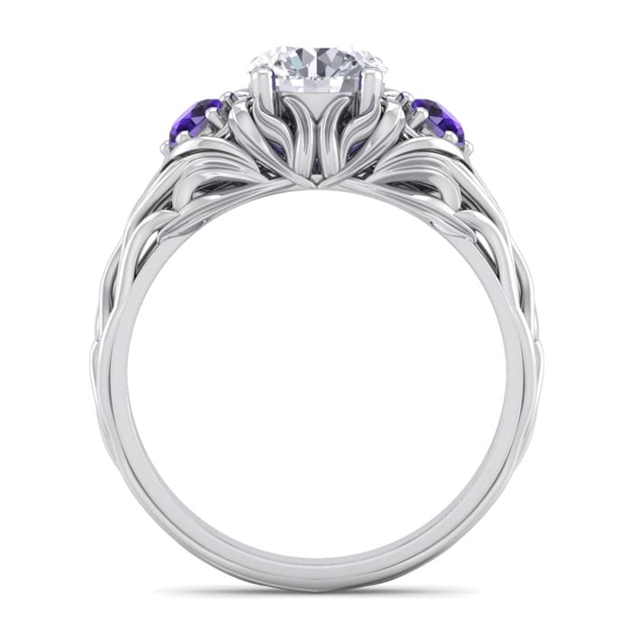 1 1/4 Carat Round Shape Diamond and Amethyst Vine Engagement Ring In 14 Karat White Gold
