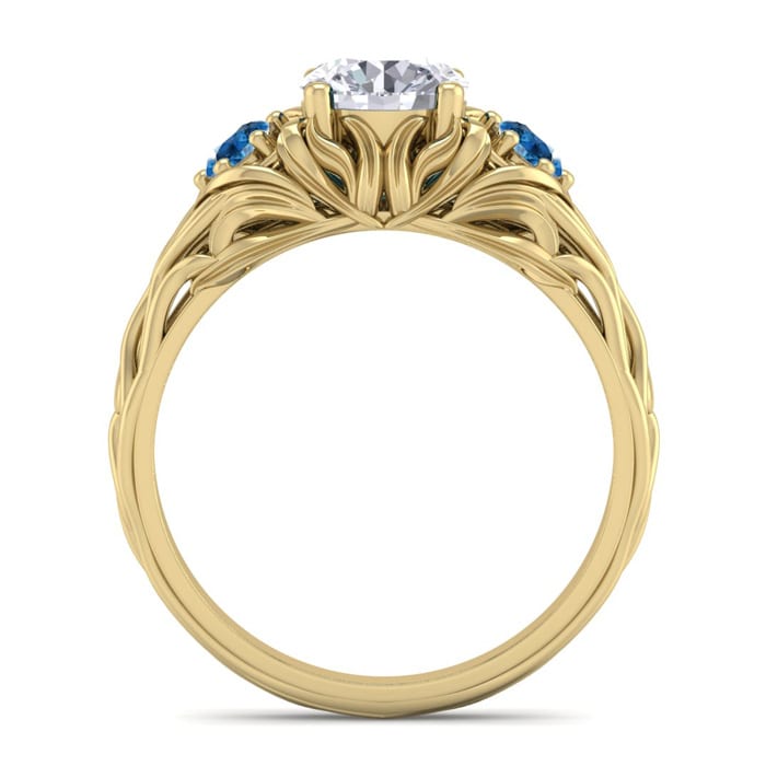1 1/4 Carat Round Shape Diamond and Blue Diamond Vine Engagement Ring In 14 Karat Yellow Gold