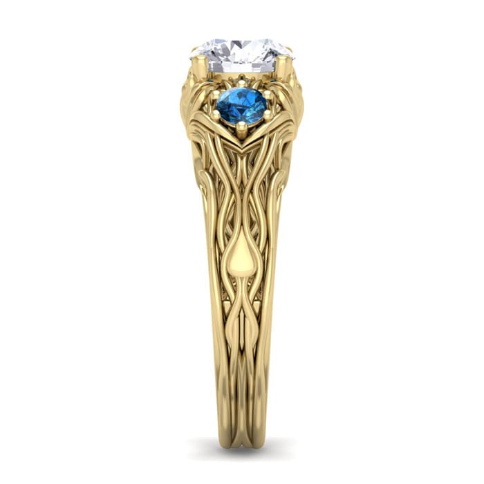 1 1/4 Carat Round Shape Diamond and Blue Diamond Vine Engagement Ring In 14 Karat Yellow Gold