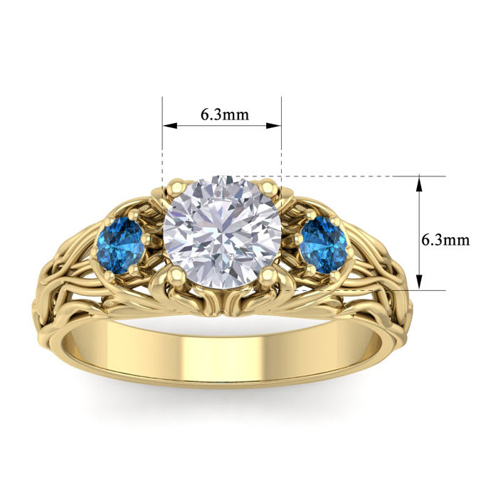 1 1/4 Carat Round Shape Diamond and Blue Diamond Vine Engagement Ring In 14 Karat Yellow Gold