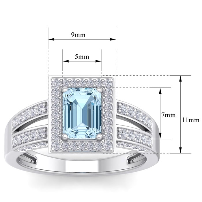 Aquamarine Ring: Aquamarine Jewelry: 1 1/2 Carat Aquamarine and Halo Diamond Ring In 14 Karat White Gold