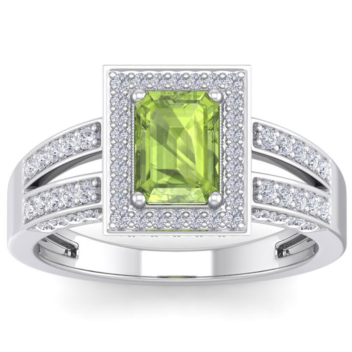1 3/4 Carat Peridot and Halo Diamond Ring In 14 Karat White Gold
