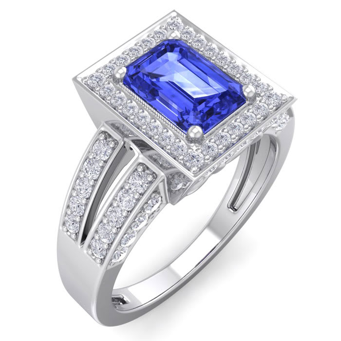 1 3/4 Carat Tanzanite and Halo Diamond Ring In 14 Karat White Gold