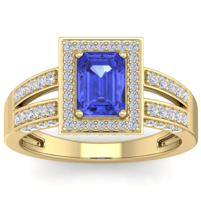 1 3/4 Carat Tanzanite and Halo Diamond Ring In 14 Karat Yellow Gold