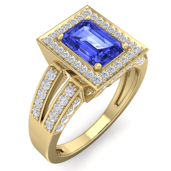1 3/4 Carat Tanzanite and Halo Diamond Ring In 14 Karat Yellow Gold