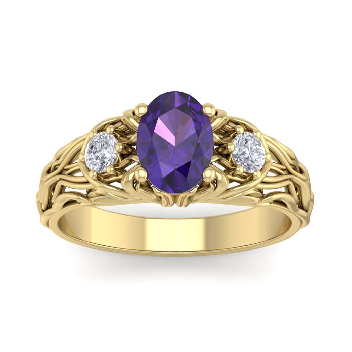 1 Carat Oval Shape Amethyst and Diamond Intricate Vine Engagement Ring In 14 Karat Yellow Gold