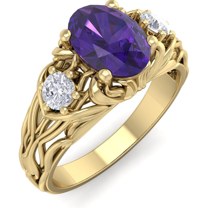 1 Carat Oval Shape Amethyst and Diamond Intricate Vine Engagement Ring In 14 Karat Yellow Gold