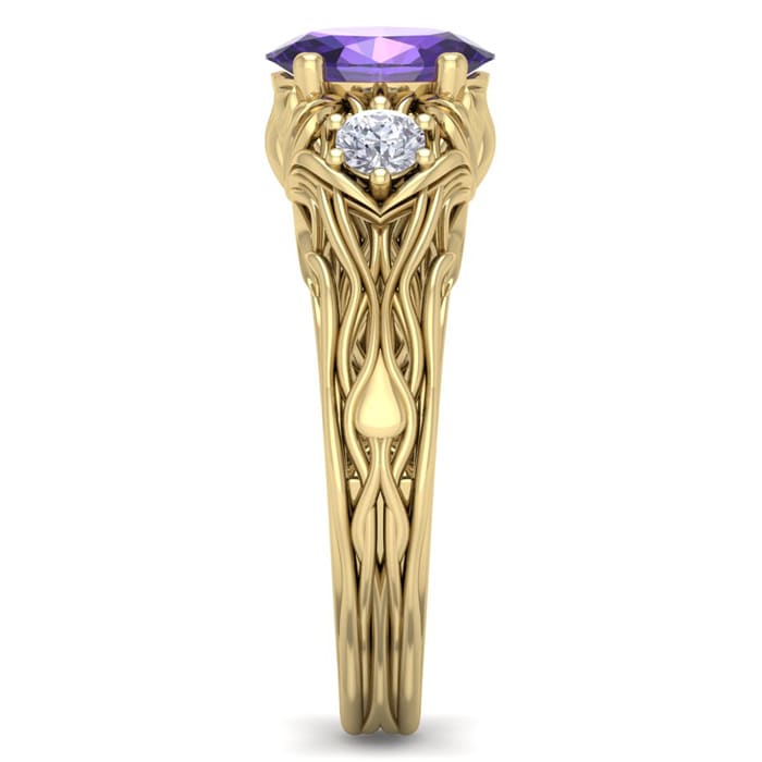 1 Carat Oval Shape Amethyst and Diamond Intricate Vine Engagement Ring In 14 Karat Yellow Gold