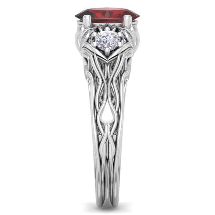 Garnet Ring: Garnet Jewelry: 1 1/5 Carat Oval Shape Garnet and Diamond Intricate Vine Engagement Ring In 14 Karat White Gold
