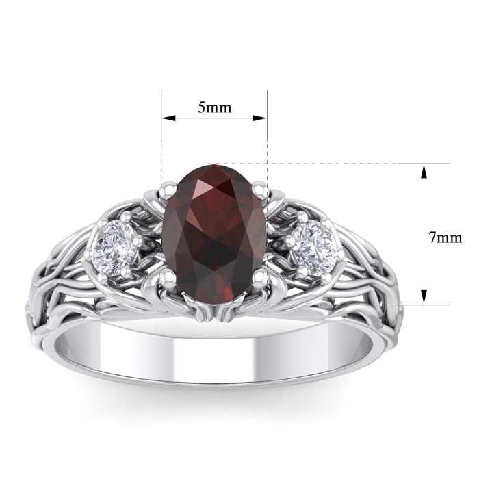 Garnet Ring: Garnet Jewelry: 1 1/5 Carat Oval Shape Garnet and Diamond Intricate Vine Engagement Ring In 14 Karat White Gold