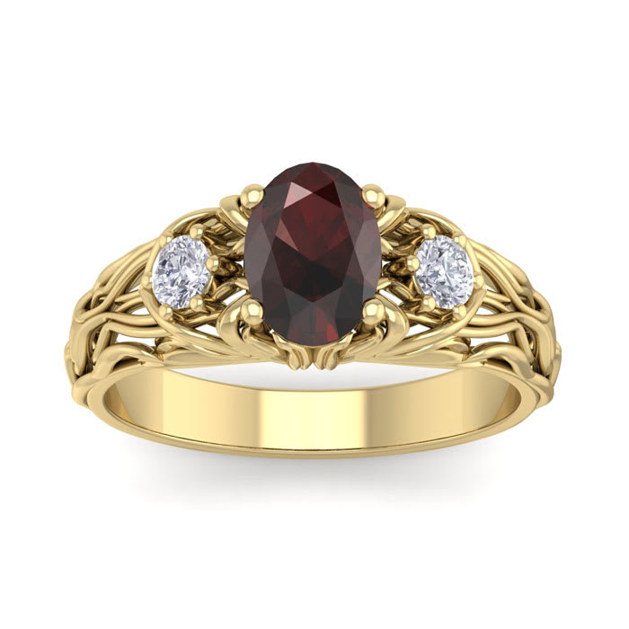 Garnet Ring: Garnet Jewelry: 1 1/5 Carat Oval Shape Garnet and Diamond Intricate Vine Engagement Ring In 14 Karat Yellow Gold
